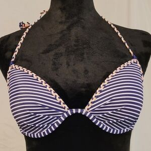 Victoria's Secret, Navy & White Striped Bikini Top w Mint, Peach, Navy Poms, 34B